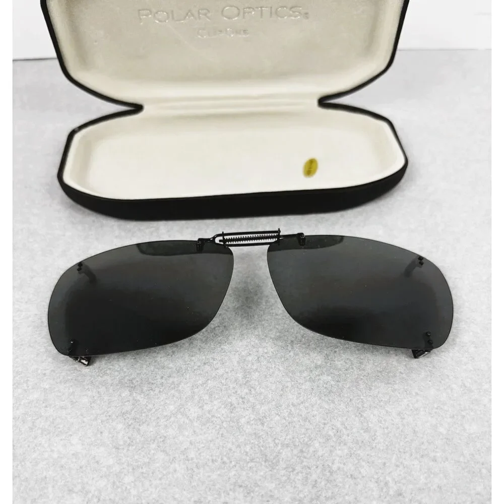 Polar Optics Premium Polarized Clip On Sunglasses Gray Rectangle Lens Hard Case